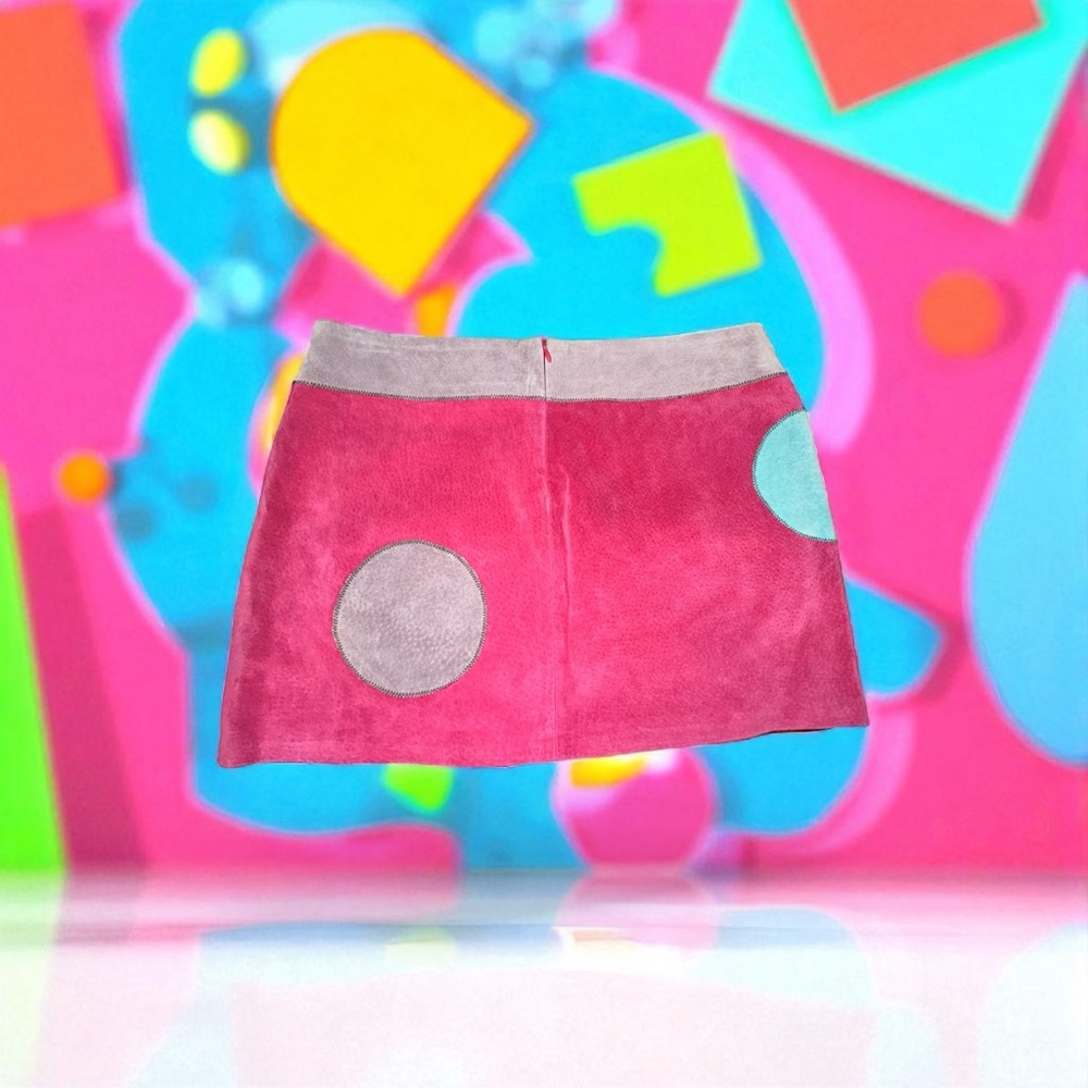 VINTAGE Pink Grey blue Polka Dot suede OLLY LONDON mini skirt SIZE 10 - Picture 4 of 11